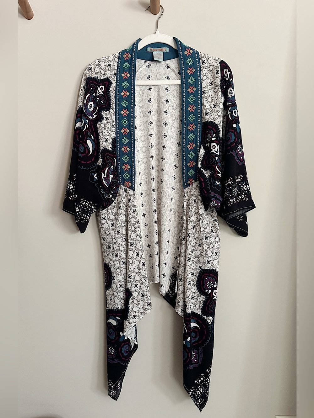 Flying Tomato Boho Paisley Embroidered Draped Kimono Cardigan